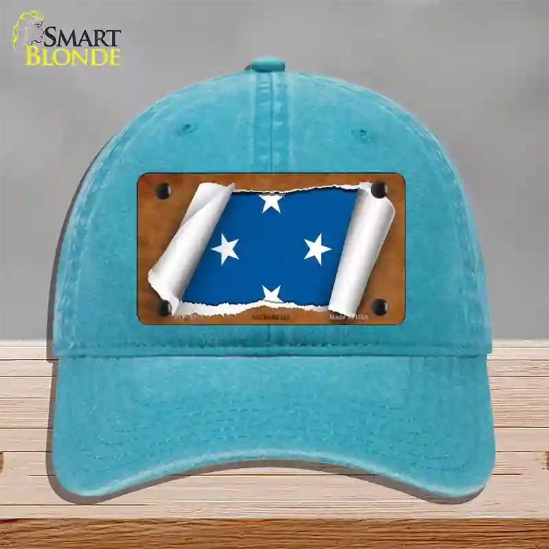 Micronesia Flag Scroll Novelty License Plate Hat Unconstructed Cotton / Lake Blue