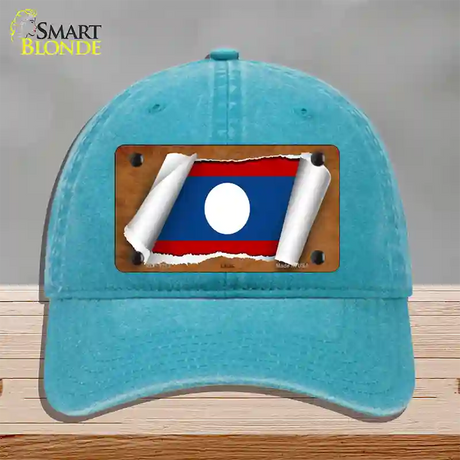 Laos Flag Scroll Novelty License Plate Hat Unconstructed Cotton / Lake Blue