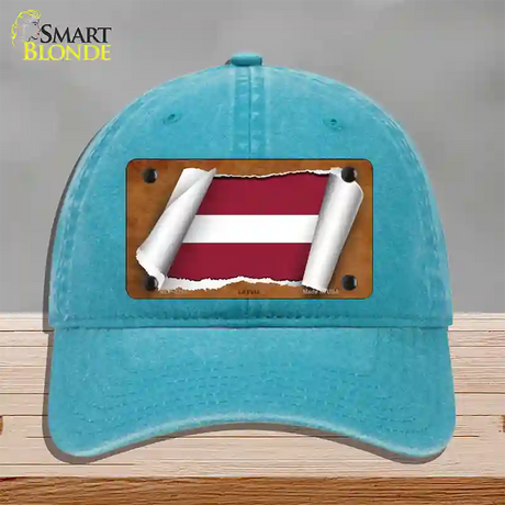 Latvia Flag Scroll Novelty License Plate Hat Unconstructed Cotton / Lake Blue