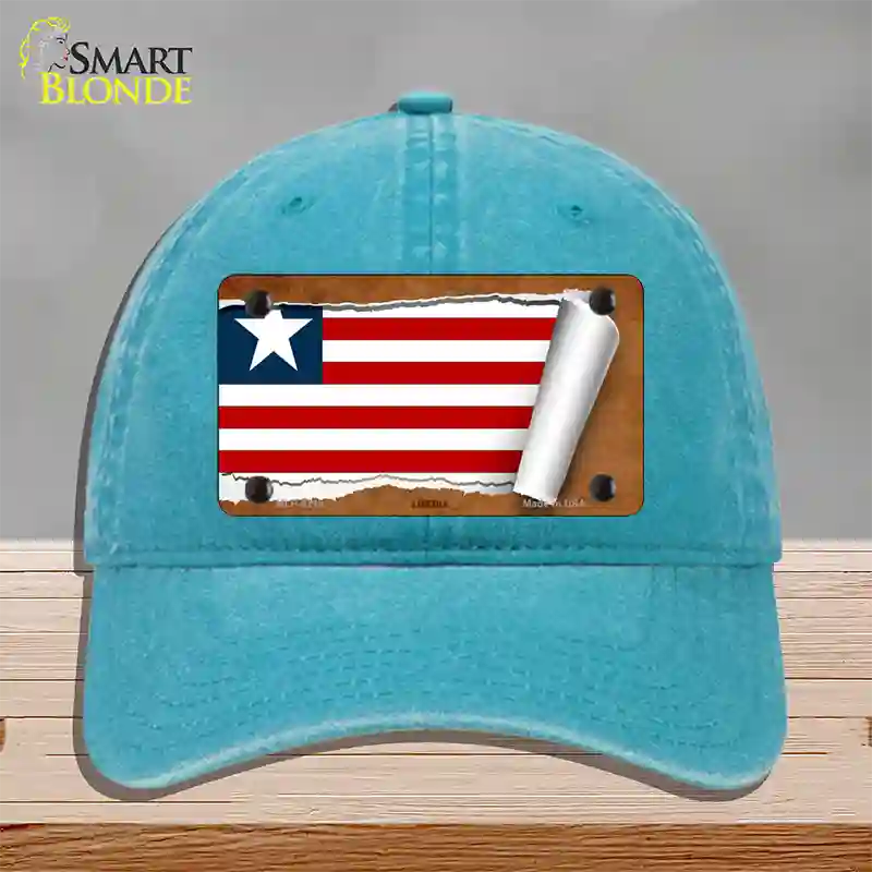 Liberia Flag Scroll Novelty License Plate Hat Unconstructed Cotton / Lake Blue