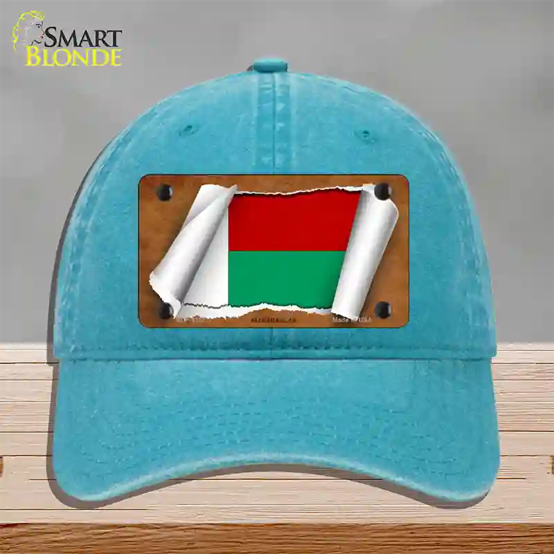 Madagascar Flag Scroll Novelty License Plate Hat Unconstructed Cotton / Lake Blue