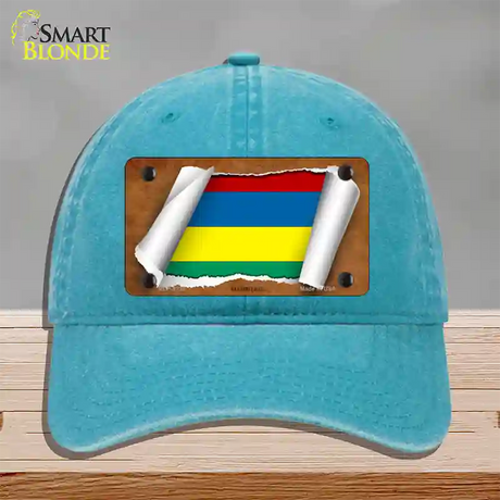 Mauritius Flag Scroll Novelty License Plate Hat Unconstructed Cotton / Lake Blue