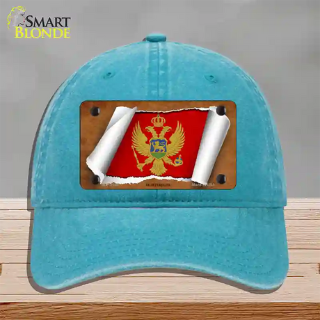 Montenegro Flag Scroll Novelty License Plate Hat Unconstructed Cotton / Lake Blue