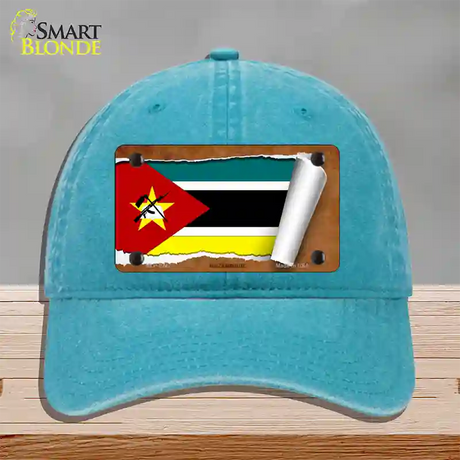 Mozambique Flag Scroll Novelty License Plate Hat Unconstructed Cotton / Lake Blue