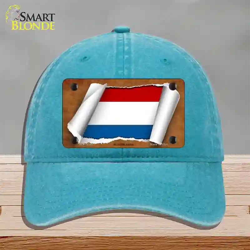 Netherlands Flag Scroll Novelty License Plate Hat Unconstructed Cotton / Lake Blue