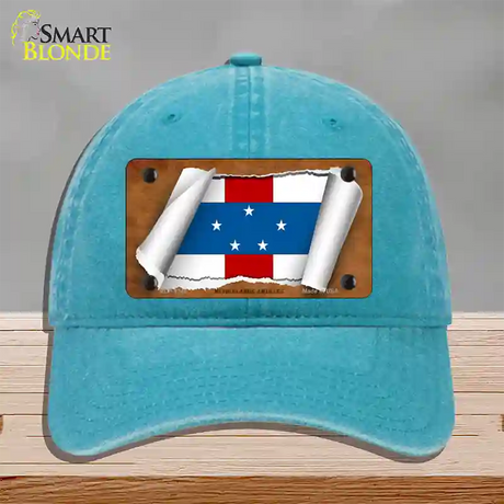 Netherlands Antilles Flag Scroll Novelty License Plate Hat Unconstructed Cotton / Lake Blue