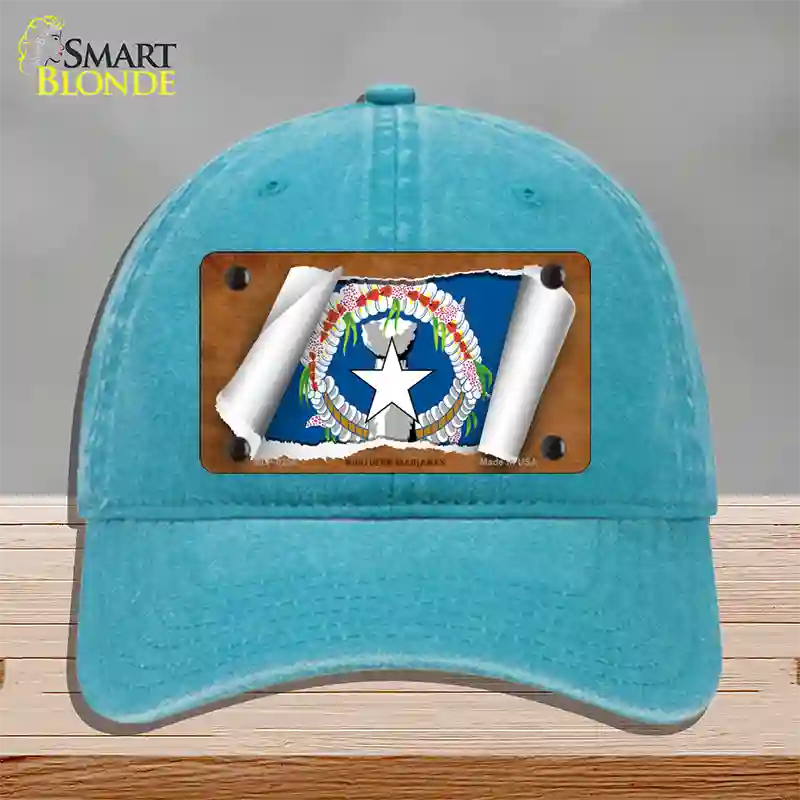 Northern Marianas Flag Scroll Novelty License Plate Hat Unconstructed Cotton / Lake Blue