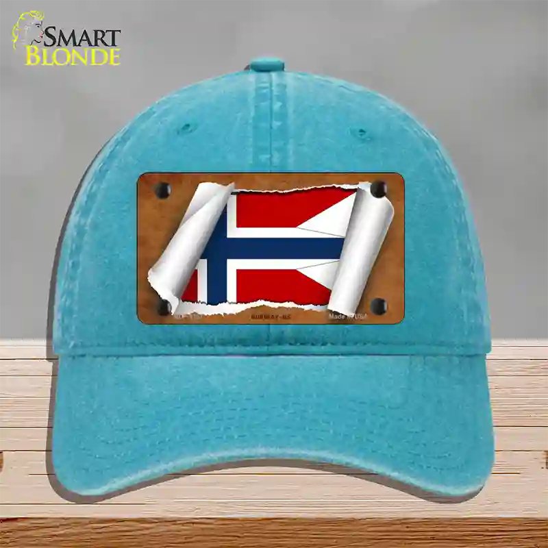 Norway-NS Flag Scroll Novelty License Plate Hat Unconstructed Cotton / Lake Blue