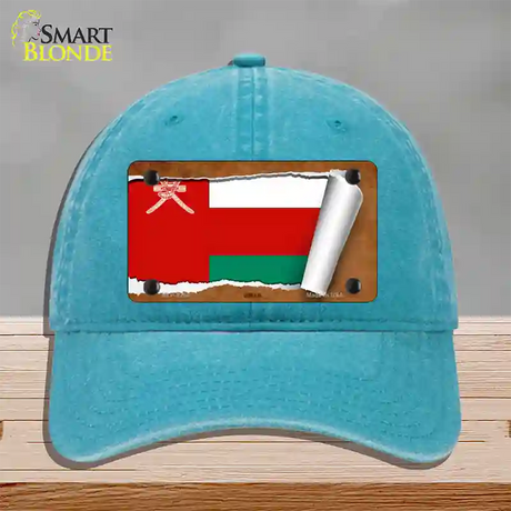 Oman Flag Scroll Novelty License Plate Hat Unconstructed Cotton / Lake Blue