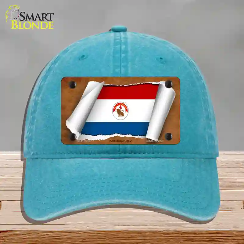 Paraguay-REV Flag Scroll Novelty License Plate Hat Unconstructed Cotton / Lake Blue