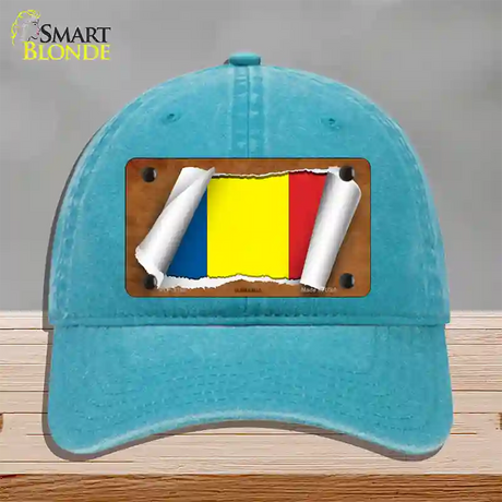 Romania Flag Scroll Novelty License Plate Hat Unconstructed Cotton / Lake Blue