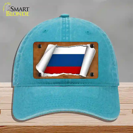 Russia Flag Scroll Novelty License Plate Hat Unconstructed Cotton / Lake Blue