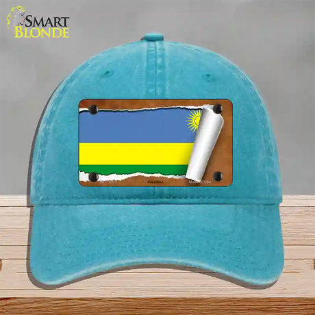 Rwanda Flag Scroll Novelty License Plate Hat Unconstructed Cotton / Lake Blue