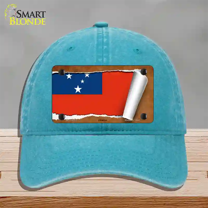 Samoa Flag Scroll Novelty License Plate Hat Unconstructed Cotton / Lake Blue