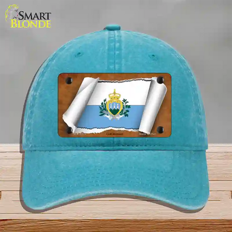 San Marino Flag Scroll Novelty License Plate Hat Unconstructed Cotton / Lake Blue