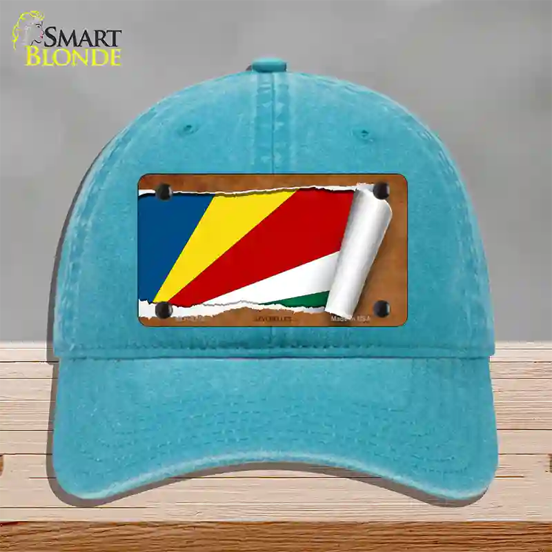 Seychelles Flag Scroll Novelty License Plate Hat Unconstructed Cotton / Lake Blue