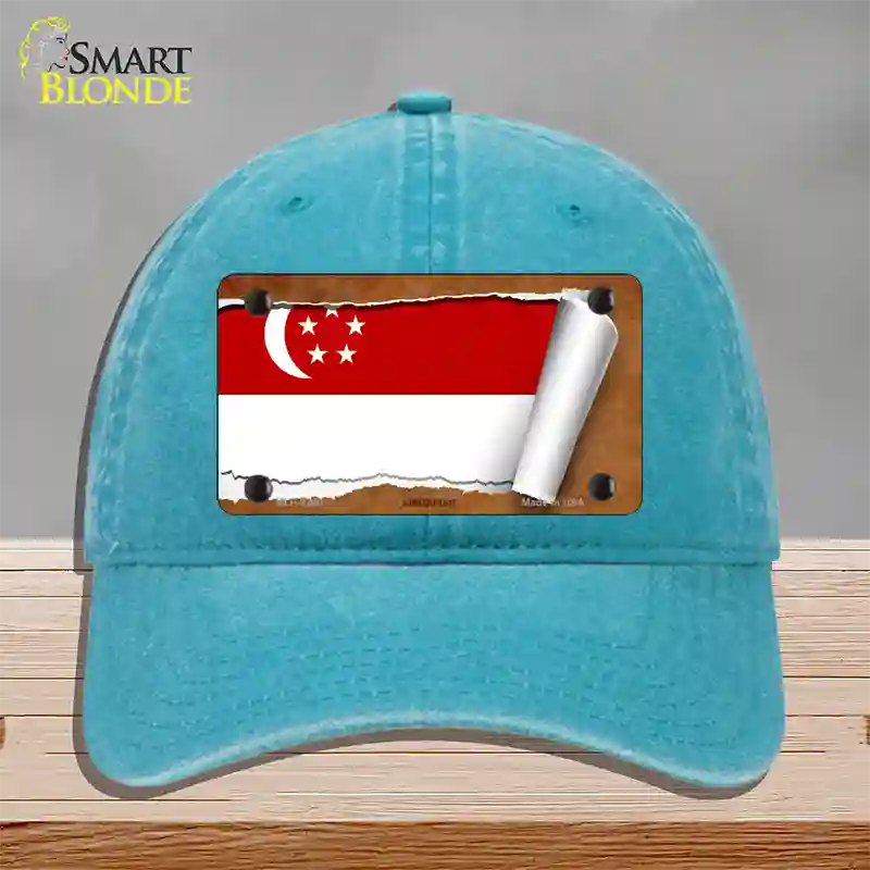 Singapore Flag Scroll Novelty License Plate Hat Unconstructed Cotton / Lake Blue