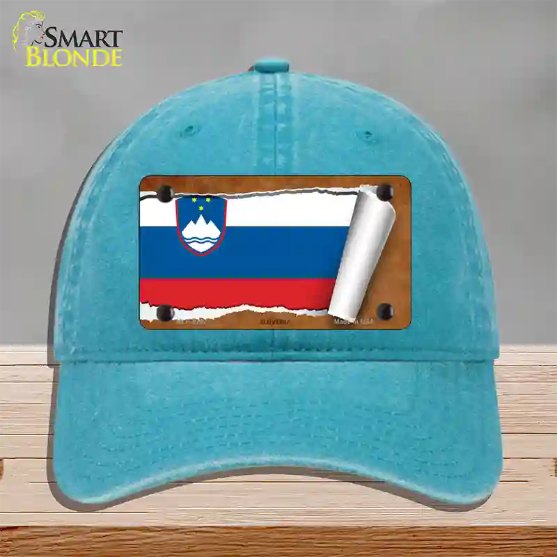 Slovenia Flag Scroll Novelty License Plate Hat Unconstructed Cotton / Lake Blue