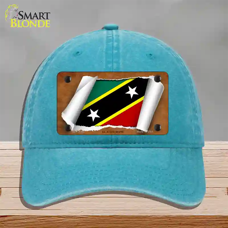 St Kitts-Nevis Flag Scroll Novelty License Plate Hat Unconstructed Cotton / Lake Blue