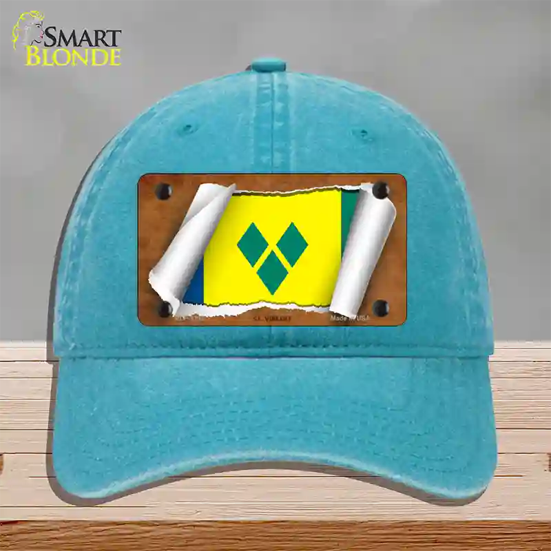 St Vincent Flag Scroll Novelty License Plate Hat Unconstructed Cotton / Lake Blue