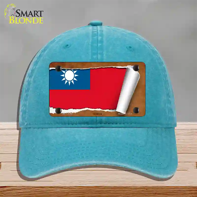 Taiwan Flag Scroll Novelty License Plate Hat Unconstructed Cotton / Lake Blue