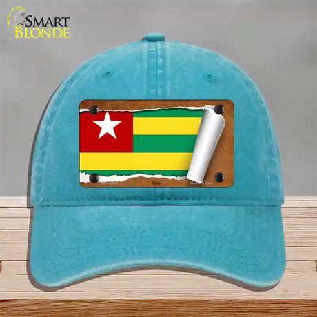 Togo Flag Scroll Novelty License Plate Hat Unconstructed Cotton / Lake Blue