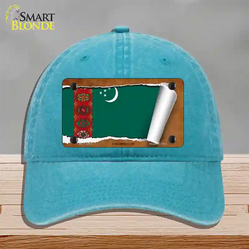 Turkmenistan Flag Scroll Novelty License Plate Hat Unconstructed Cotton / Lake Blue