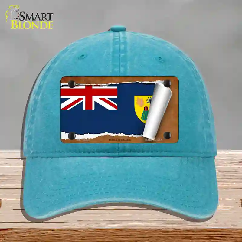 Turks & Caicos Flag Scroll Novelty License Plate Hat Unconstructed Cotton / Lake Blue