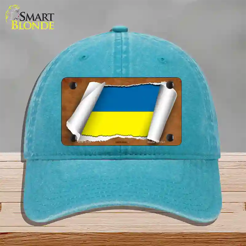 Ukraine Flag Scroll Novelty License Plate Hat Unconstructed Cotton / Lake Blue