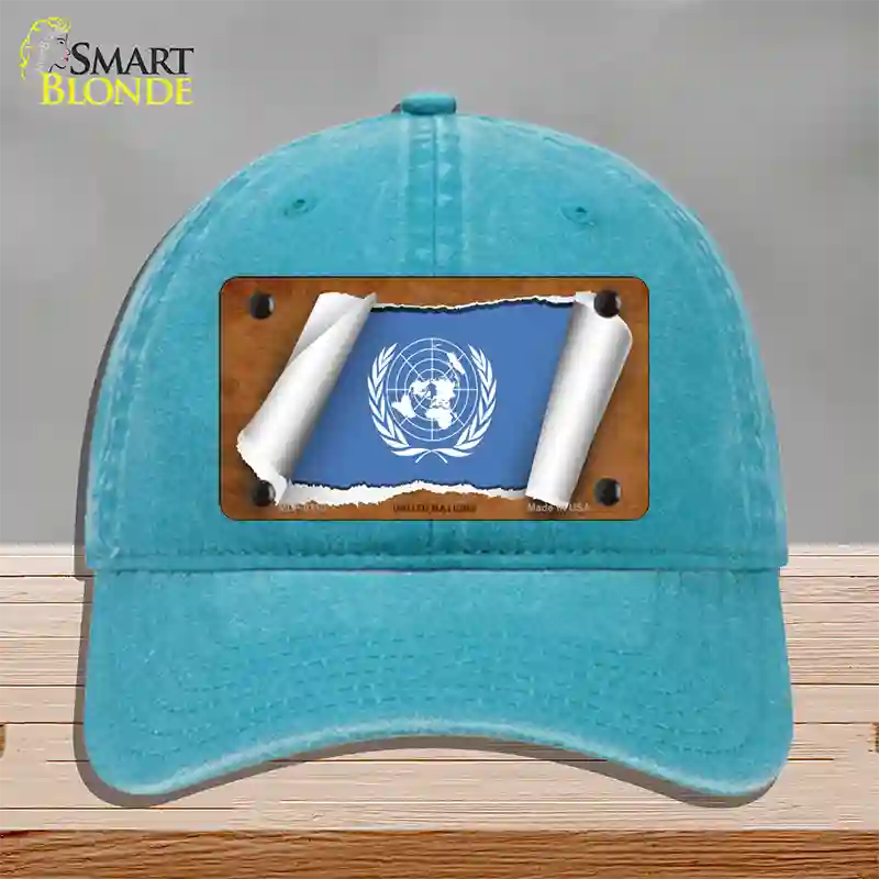 United Nations Flag Scroll Novelty License Plate Hat Unconstructed Cotton / Lake Blue