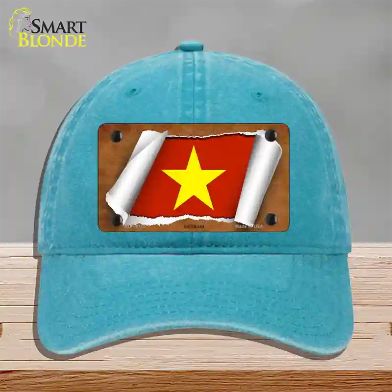 Vietnam Flag Scroll Novelty License Plate Hat Unconstructed Cotton / Lake Blue