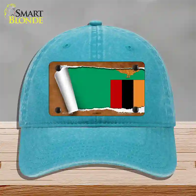 Zambia Flag Scroll Novelty License Plate Hat Unconstructed Cotton / Lake Blue