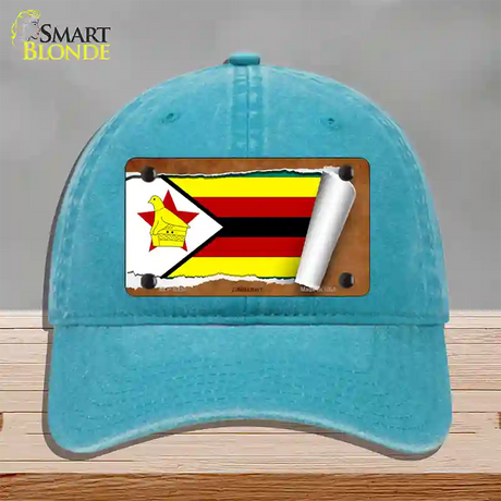 Zimbabwe Flag Scroll Novelty License Plate Hat Unconstructed Cotton / Lake Blue