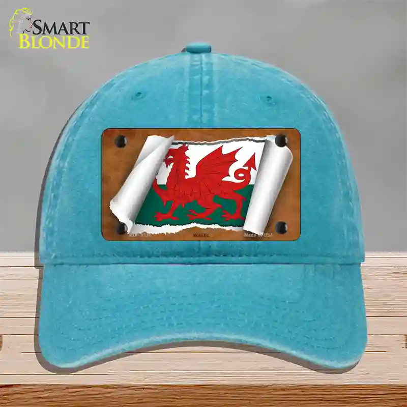 Wales Flag Scroll Novelty License Plate Hat Unconstructed Cotton / Lake Blue