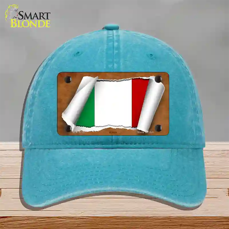 Italy Flag Scroll Novelty License Plate Hat Unconstructed Cotton / Lake Blue