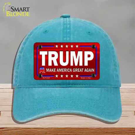 Trump Red Novelty License Plate Hat Unconstructed Cotton / Lake Blue