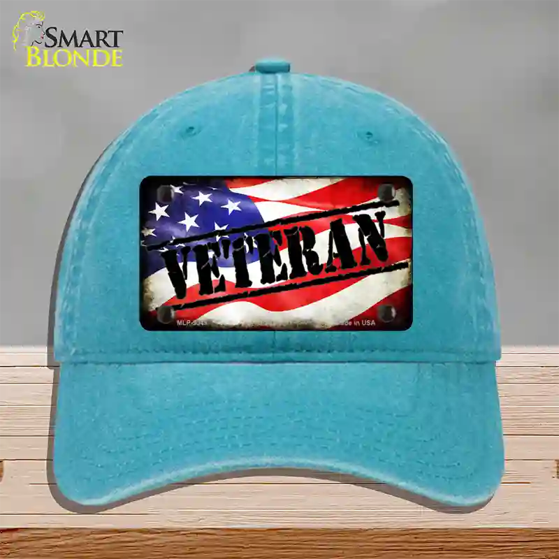 Veteran American Flag Novelty License Plate Hat Unconstructed Cotton / Lake Blue