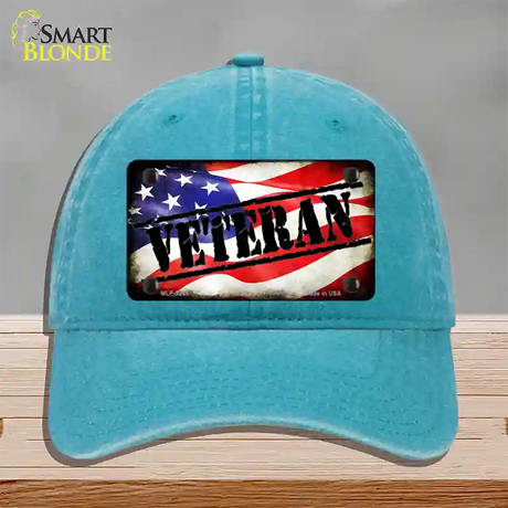 Veteran American Flag Novelty License Plate Hat Unconstructed Cotton / Lake Blue