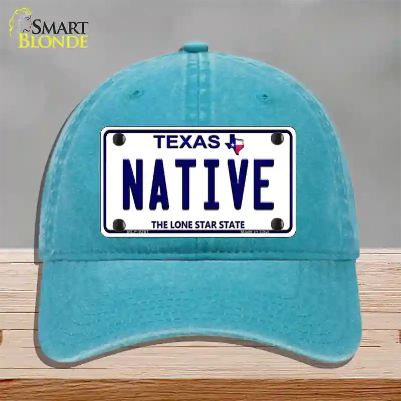 Native Texas White Novelty License Plate Hat Unconstructed Cotton / Lake Blue