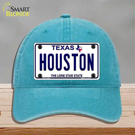 Houston Texas Novelty License Plate Hat Unconstructed Cotton / Lake Blue