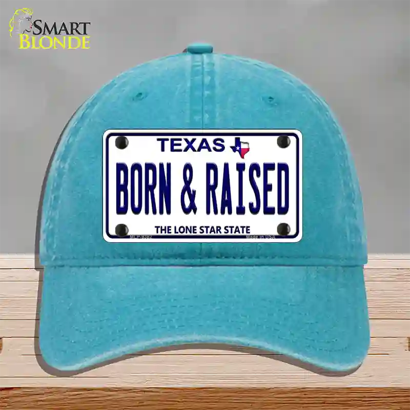 Born and Raised Texas Novelty License Plate Hat Unconstructed Cotton / Lake Blue