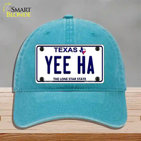 Yee Ha Texas Novelty License Plate Hat Unconstructed Cotton / Lake Blue