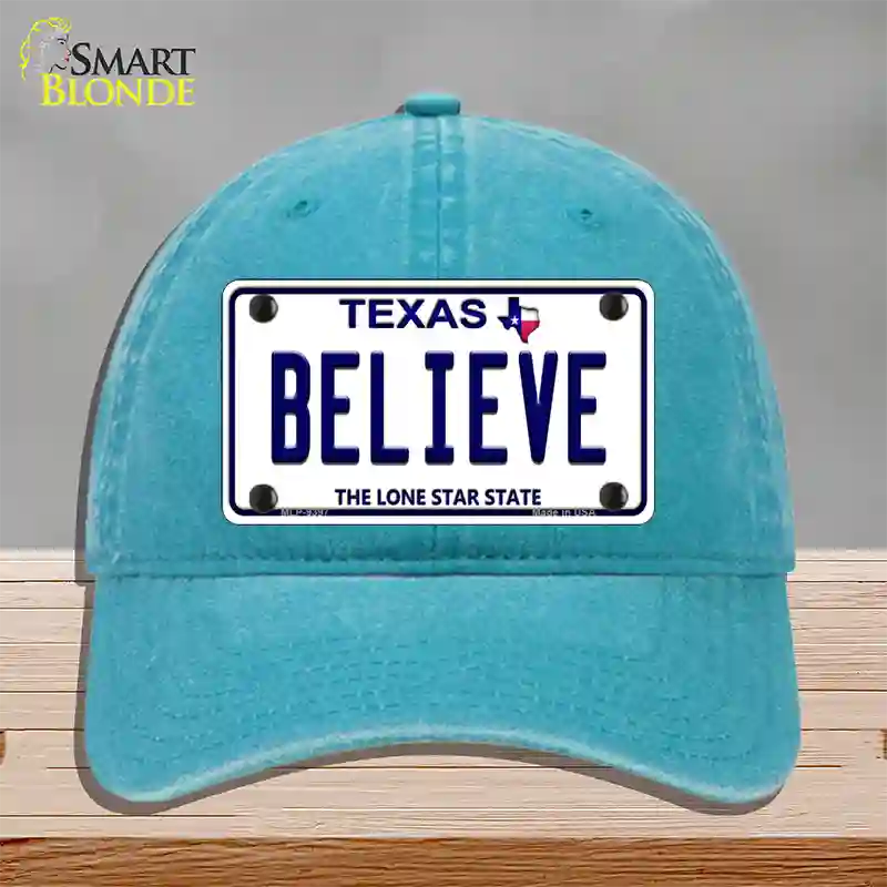 Believe Texas Novelty License Plate Hat Unconstructed Cotton / Lake Blue