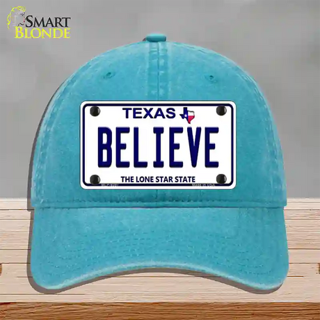 Believe Texas Novelty License Plate Hat Unconstructed Cotton / Lake Blue