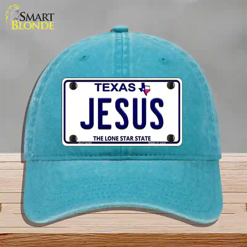 Jesus Texas Novelty License Plate Hat Unconstructed Cotton / Lake Blue