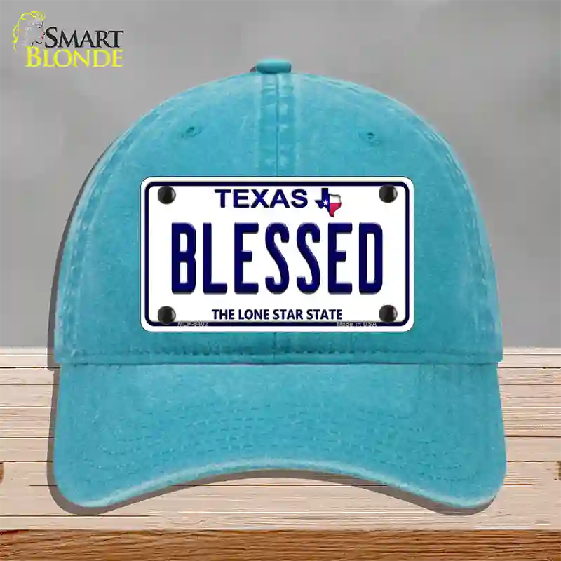 Blessed Texas Novelty License Plate Hat Unconstructed Cotton / Lake Blue