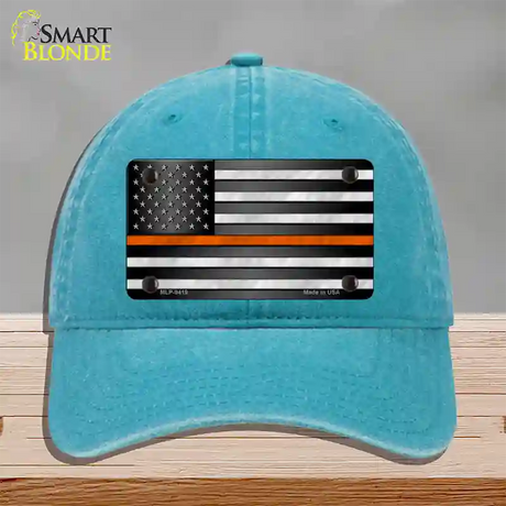 American Flag Thin Orange Line Novelty License Plate Hat Unconstructed Cotton / Lake Blue