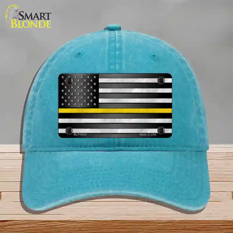 American Flag Thin Yellow Line Novelty License Plate Hat Unconstructed Cotton / Lake Blue