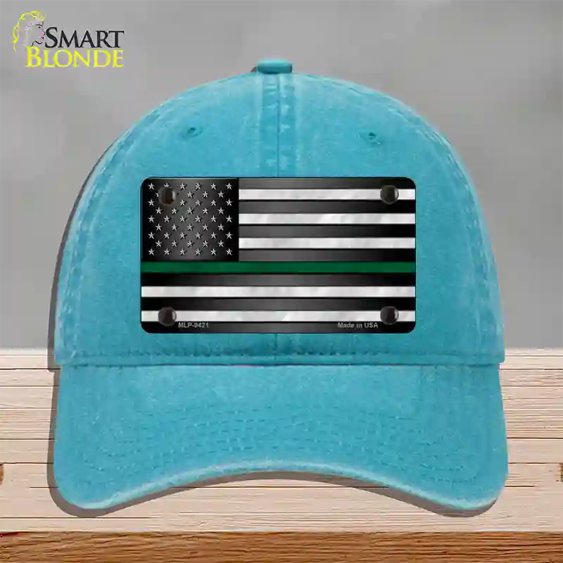 American Flag Thin Green Line Novelty License Plate Hat Unconstructed Cotton / Lake Blue