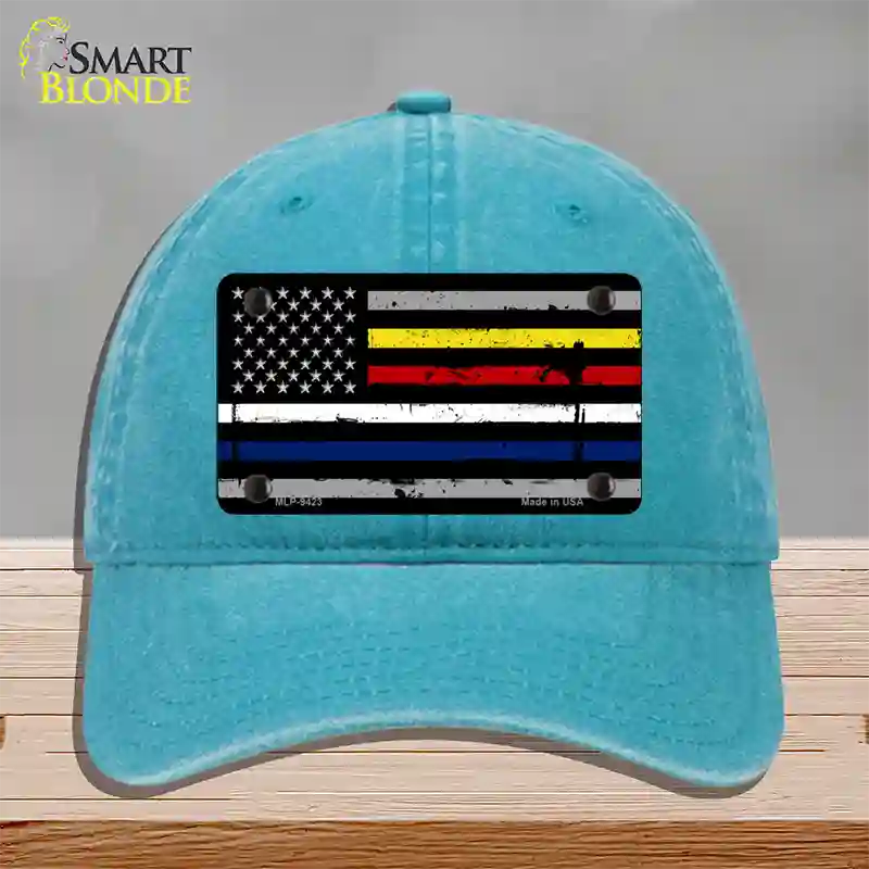 American Flag Police / Fire / EMS Novelty License Plate Hat Unconstructed Cotton / Lake Blue